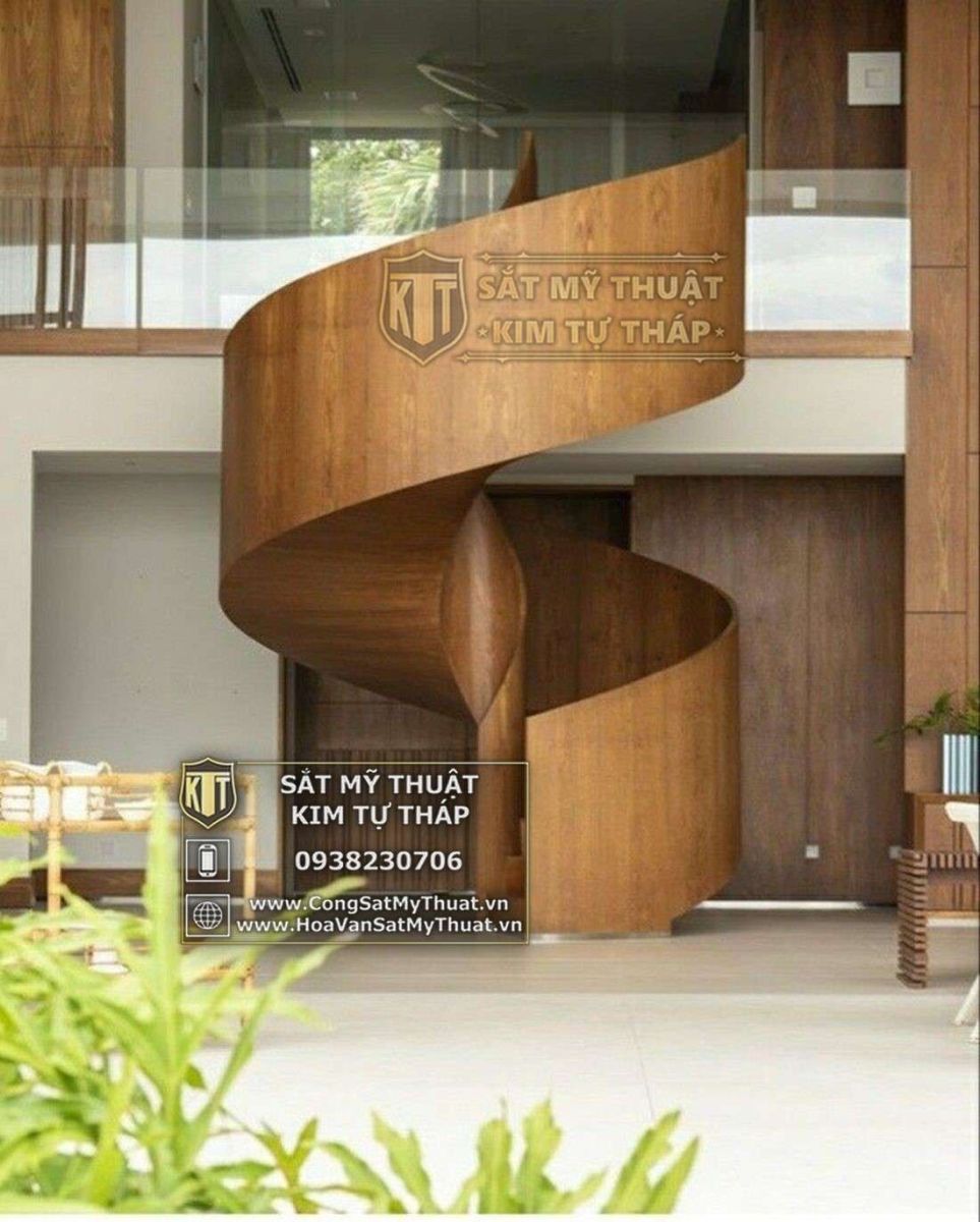 Cầu thang sắt tấm uốn lượn màu vàng đồng