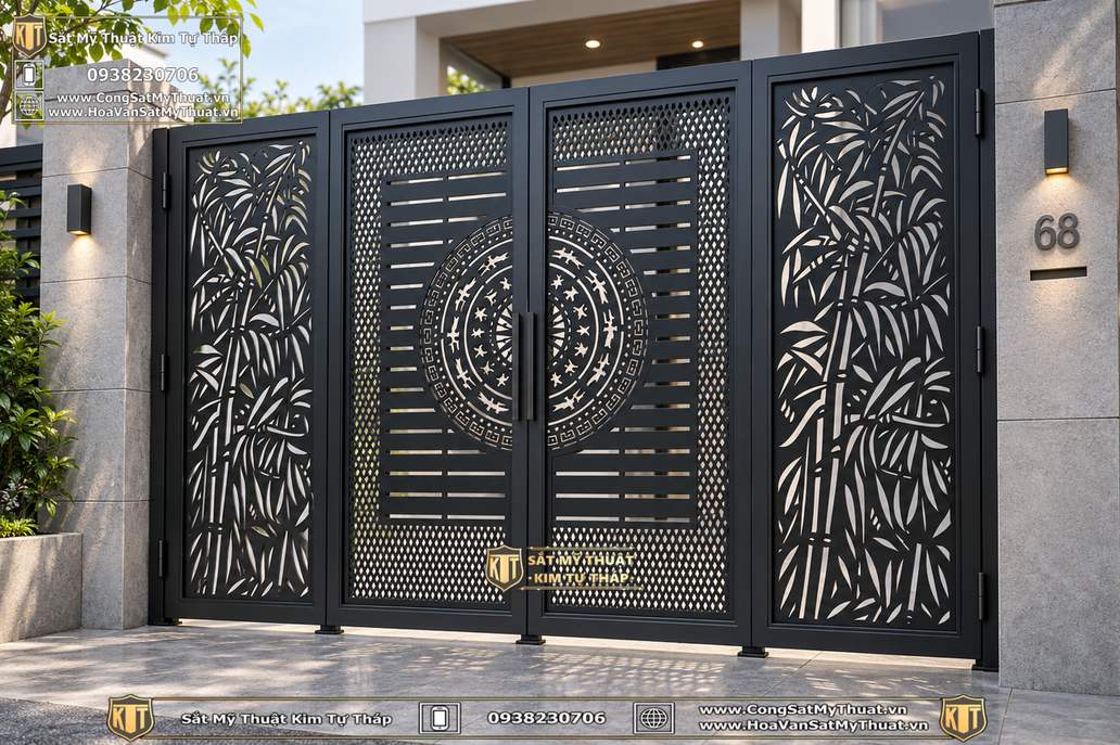 Cổng 4 cánh CNC họa tiết hoa lá