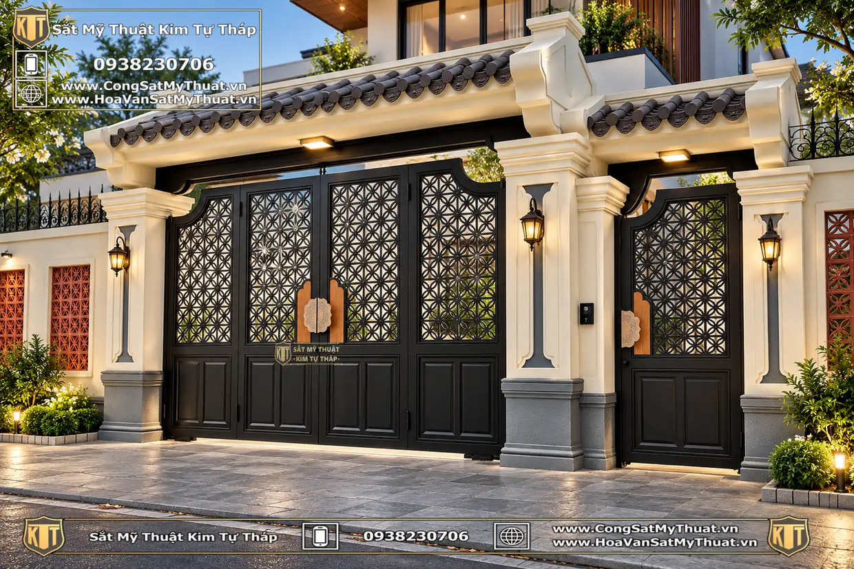 cổng biệt thự indochine bằng sắt đẹp sang trọng