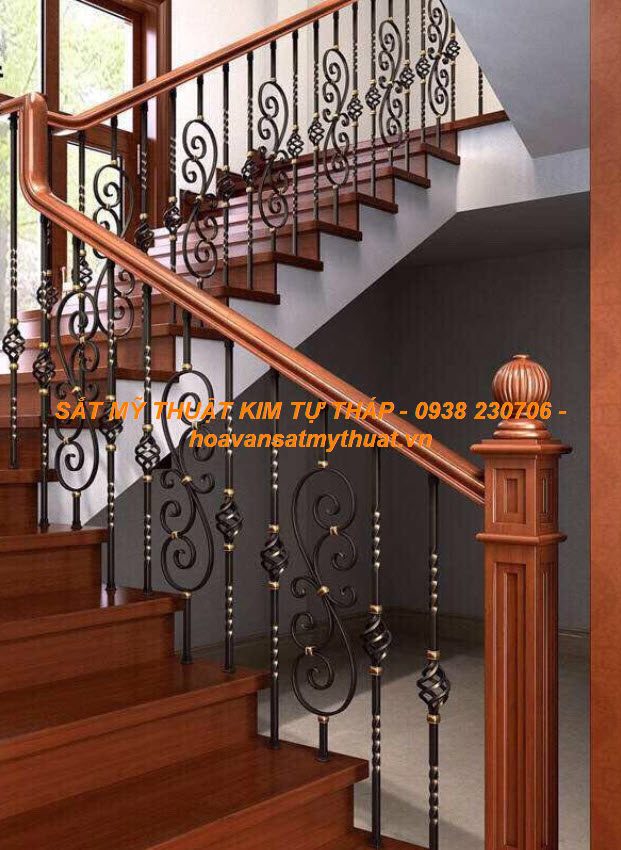 Cầu thang sắt mỹ thuật uốn hoa văn- CT078