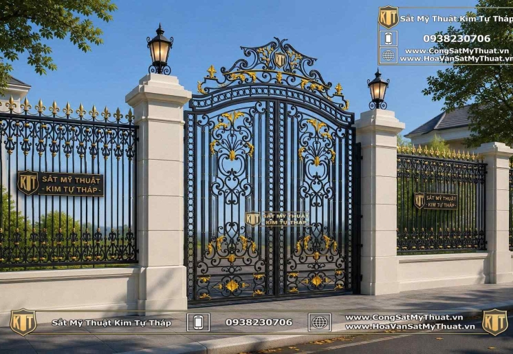 Mẫu cổng sắt mỹ thuật đẹp cc128- cổng biệt thự tân cổ điển 