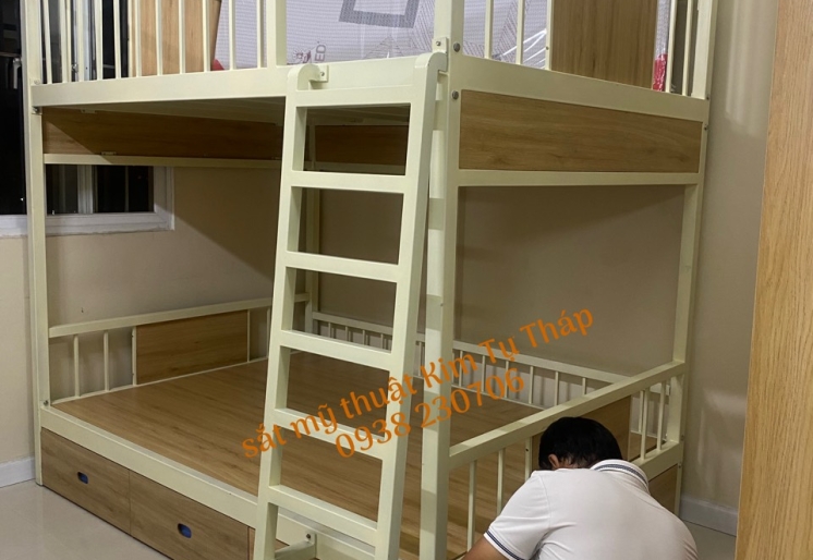 Giường tầng sắt có hộc kéo kết hợp gỗ công nghiệp GS0075